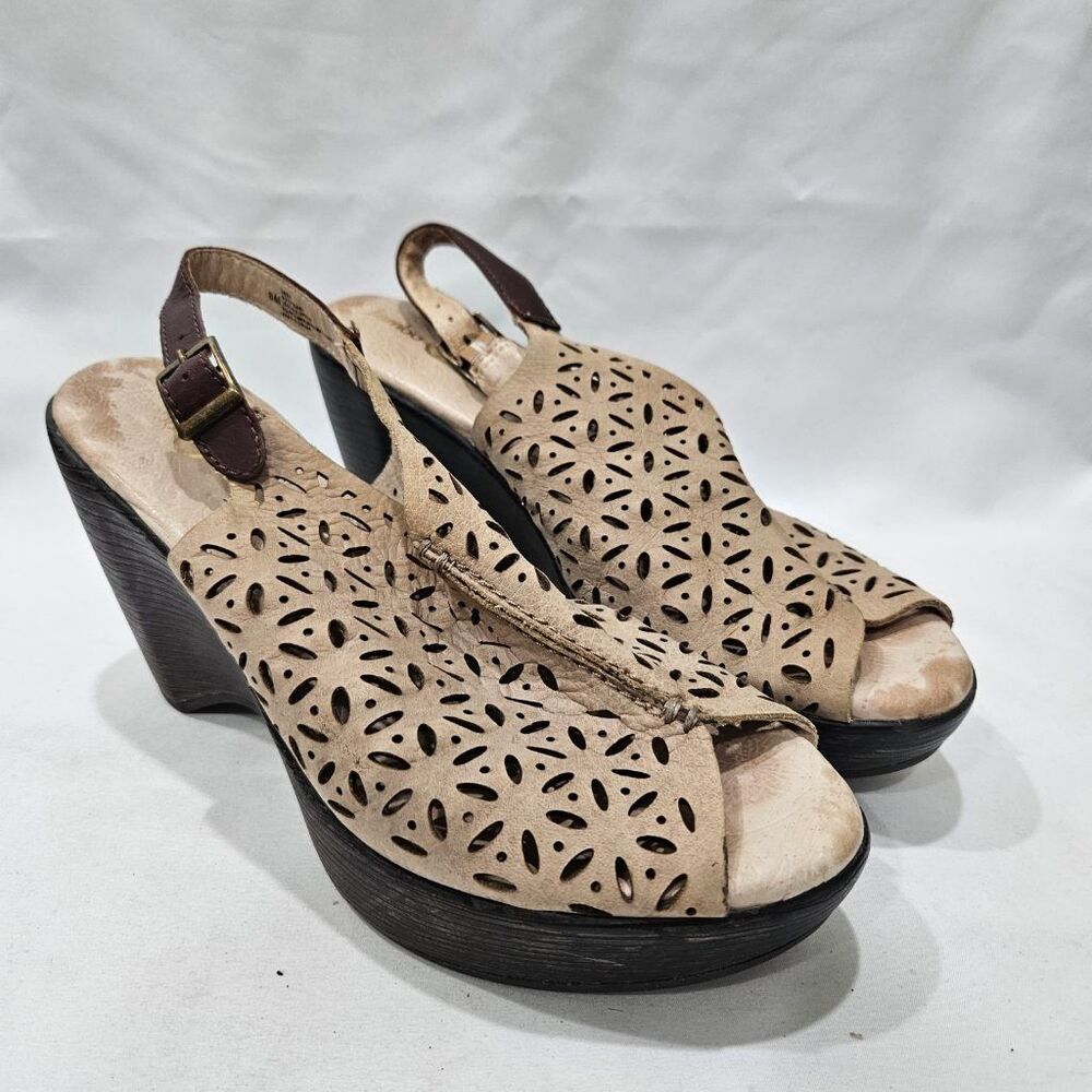 Jambu Vera Wedge Sandals 8M Tan Leather Perforated Peep Toe Slingback Platform